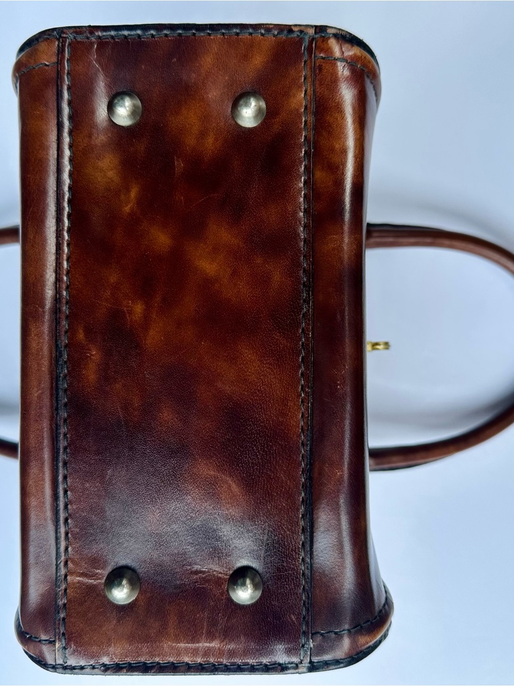 Vintage Leather Small Structured Marbled Brown Leather Handbag w Gold Clasps - Picture 12 of 13